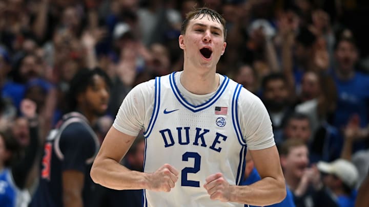 Dec 4, 2024; Durham, North Carolina, USA; Duke Blue Devils forward Cooper Flagg (2) reacts at the end of a game against the Auburn Tigers at Cameron Indoor Stadium.  The Blue Devils won 84-78.   Mandatory Credit: Rob Kinnan-Imagn Images