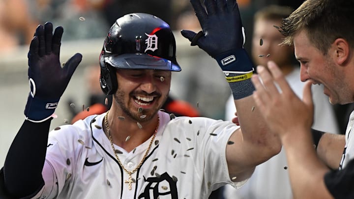 Detroit right fielder Zach McKinstry (39) gets showered with sunflower seeds after his seventh-inning homer against Tampa Bay on Monday night. The Tigers won, 5-1. Detroit right fielder Zach McKinstry (39) gets showered with sunflower seeds after his seventh-inning homer against Tampa Bay on Monday night. The Tigers won, 5-1.