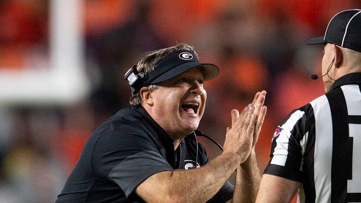 Georgia Bulldogs coach Kirby Smart complains about a inadvertent time out call as Auburn Tigers take on Georgia Bulldogs at Jordan-Hare Stadium in Auburn, Ala. on Saturday, Oct. 11, 2025. Georgia Bulldogs defeated Auburn Tigers 20-10.