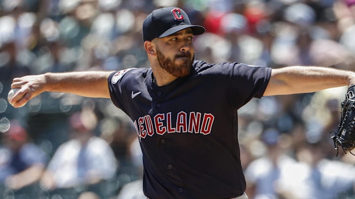 Jul 30, 2023; Chicago, Illinois, USA; Cleveland Guardians starting pitcher Aaron Civale (43) delivers a pitch against the Chicago White Sox during the first inning at Guaranteed Rate Field. Mandatory Credit: Kamil Krzaczynski-Imagn Images