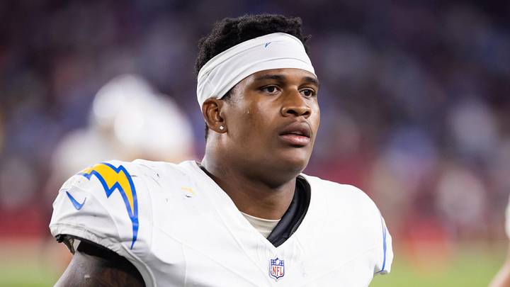 Oct 21, 2024; Glendale, Arizona, USA; Los Angeles Chargers linebacker Junior Colson (25) against the Arizona Cardinals at State Farm Stadium. Mandatory Credit: Mark J. Rebilas-Imagn Images