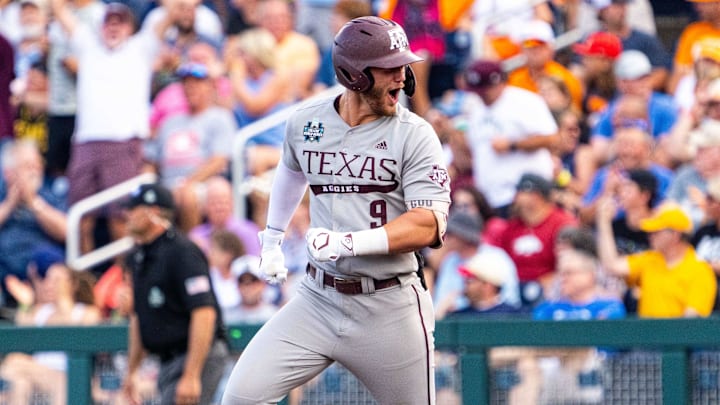 Texas A&M Aggies third baseman Gavin Grahovac (9) celebrates after hitting a home run against the Tennessee Volunteers during the first inning at Charles Schwab Field Omaha.