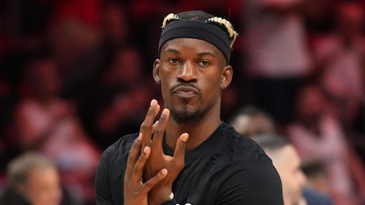Jan 19, 2025; Miami, Florida, USA;  Miami Heat forward Jimmy Butler (22) warms up before the game against the San Antonio Spurs at Kaseya Center. Mandatory Credit: Jim Rassol-Imagn Images
