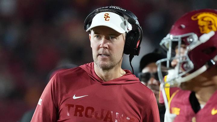 Sep 4, 2026; Los Angeles, California, USA; Southern California Trojans head coach Lincoln Riley watches against the Fresno State Bulldogs in the second half at United Airlines Field at Los Angeles Memorial Coliseum. Mandatory Credit: Kirby Lee-Imagn Images