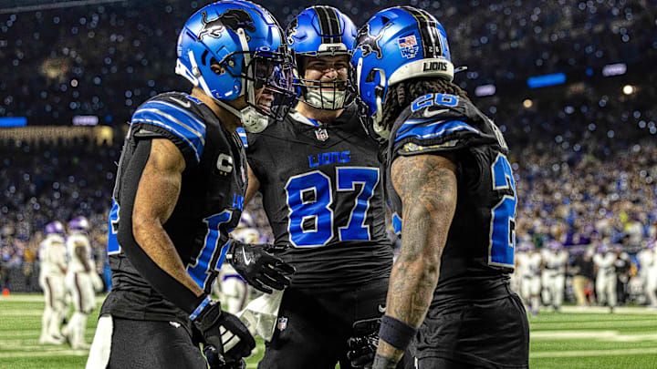 Detroit Lions running back Jahmyr Gibbs (26), wide receiver Amon-Ra St. Brown (14) and tight end Sam LaPorta (87).