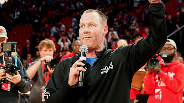 Miami (OH) RedHawks head coach Travis Steele gives a speech after defeating the Toledo Rockets 74-72, Tuesday, March 3, 2026, at Millett Hall in Oxford, Oh.