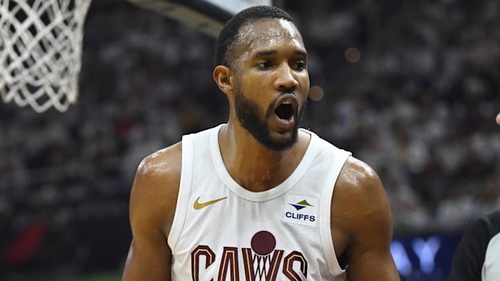 May 11, 2024; Cleveland, Ohio, USA; Cleveland Cavaliers forward Evan Mobley (4) in the second quarter of game three of the second round of the 2024 NBA playoffs reacts against the Boston Celtics at Rocket Mortgage FieldHouse. Mandatory Credit: David Richard-Imagn Images