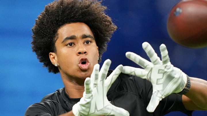 Feb 28, 2026; Indianapolis, IN, USA; Southern California wideout Ja'Kobi Lane (WO27) during the NFL Scouting Combine at Lucas Oil Stadium. Mandatory Credit: Kirby Lee-Imagn Images