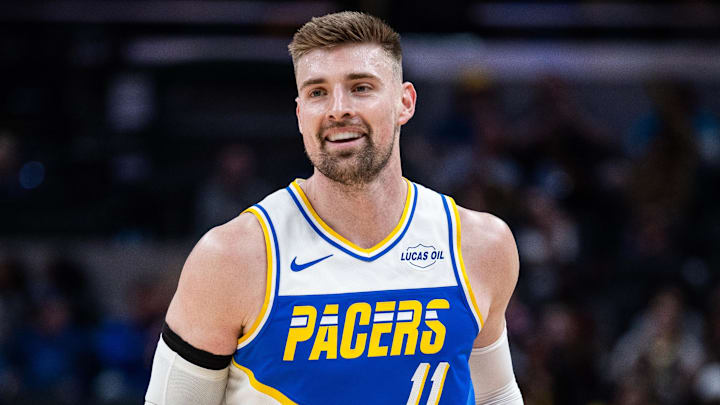 Mar 29, 2026; Indianapolis, Indiana, USA;  Indiana Pacers center Micah Potter (11) celebrates a made basket in the first half against the Miami Heat at Gainbridge Fieldhouse. Mandatory Credit: Trevor Ruszkowski-Imagn Images