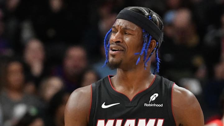 Dec 1, 2024; Toronto, Ontario, CAN;  Miami Heat forward Jimmy Butler (22) reacts to an officiating call in the first half against the Toronto Raptors at Scotiabank Arena. Mandatory Credit: Dan Hamilton-Imagn Images