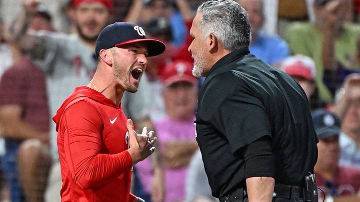 Washington Nationals manager Blake Butera arguing with umpire Manny Gonzalez Washington Nationals manager Blake Butera arguing with umpire Manny Gonzalez