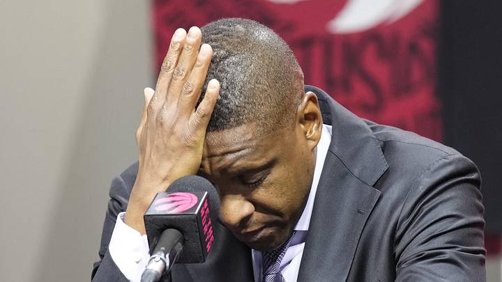 Sep 30, 2024; Toronto, Ontario, Canada; Toronto Raptors Vice-Chairman and Team President Masai Ujiri reacts while talking to the media about the passing of Dikembe Mutombo (not pictured) during media day at Scotiabank Area. Mandatory Credit: John E. Sokolowski-Imagn Images Sep 30, 2024; Toronto, Ontario, Canada; Toronto Raptors Vice-Chairman and Team President Masai Ujiri reacts while talking to the media about the passing of Dikembe Mutombo (not pictured) during media day at Scotiabank Area. Mandatory Credit: John E. Sokolowski-Imagn Images