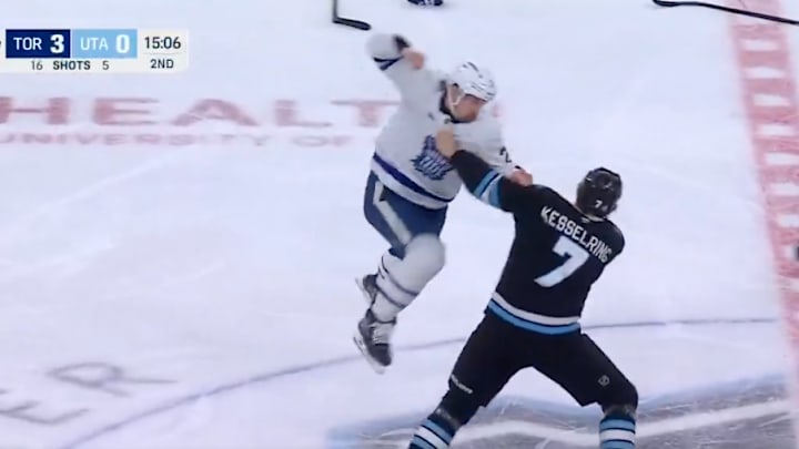 Toronto's Simon Benoit attempted a Superman punch during his fight with Utah's Michael Kesselring. Toronto's Simon Benoit attempted a Superman punch during his fight with Utah's Michael Kesselring.