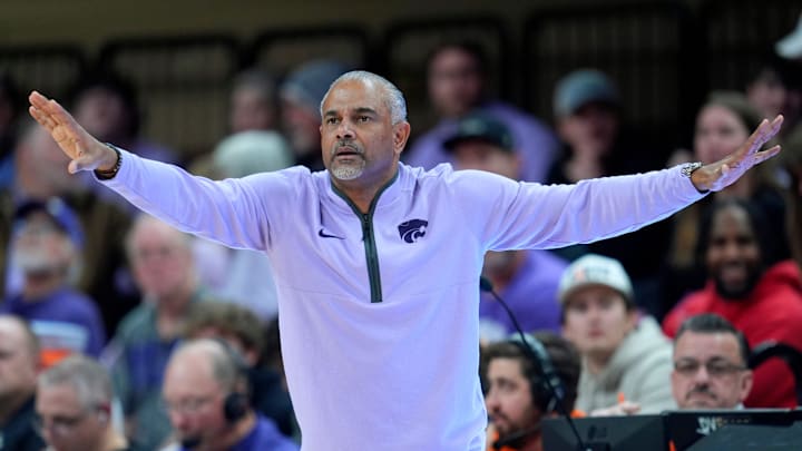 Kansas State coach Jerome Tang during a men's BIG 12 basketball game between the Oklahoma State University Cowboys (OSU) and the Kansas State Wildcats at Gallagher-Iba Arena in Stillwater, Okla., Tuesday, Jan. 7, 2025. Oklahoma State won 79-66,