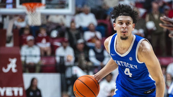 Feb 22, 2025; Tuscaloosa, Alabama, USA; Kentucky Wildcats guard Koby Brea (4) drives the ball against the Alabama Crimson Tide during the second half at Coleman Coliseum. Mandatory Credit: Will McLelland-Imagn Images