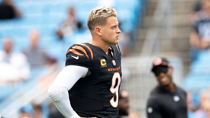 Cincinnati Bengals quarterback Joe Burrow (9) stands on the field before the NFL game against the Carolina Panthers at Bank of America Stadium in Charlotte, N.C., on Sunday, Sept. 29, 2024.
