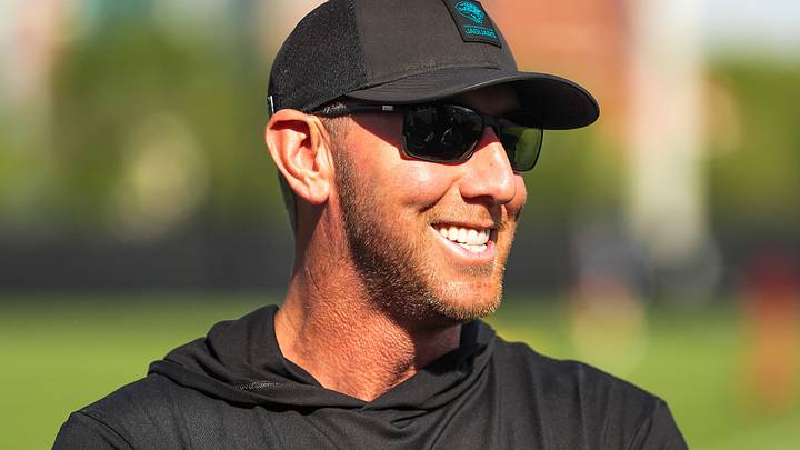 Jacksonville Jaguars head coach Liam Coen laughs with coaches before the Jaguars held their final Organized Team Activity on Monday, June 15, 2026 at the Miller Electric Center in Jacksonville, Fla. [Doug Engle/Florida Times-Union]