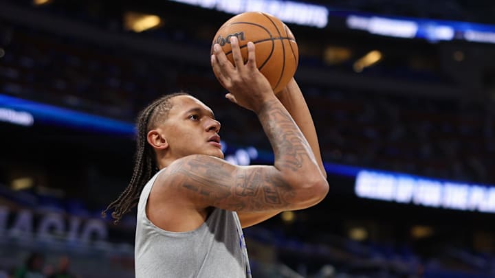 Apr 27, 2025; Orlando, Florida, USA; Orlando Magic forward Paolo Banchero (5) warms up before game four of first round for the 2025 NBA Playoffs against the Boston Celtics at Kia Center. Mandatory Credit: Nathan Ray Seebeck-Imagn Images