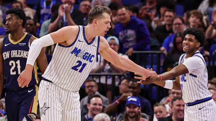 Jan 11, 2026; Orlando, Florida, USA; Orlando Magic forward Moritz Wagner (21) celebrates after scoring with guard Jase Richardson (11) during the second quarter at Kia Center. Mandatory Credit: Mike Watters-Imagn Images