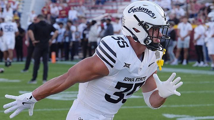 Iowa State Cyclones' special team Caden Kock (35) warms up before Iowa State and Arizona football in the Big-12 conference showdown on Sept. 27, 2025, at Jack Trice Stadium in Ames, Iowa.a.