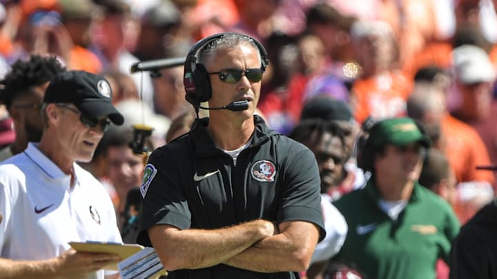 Sep 23, 2023; Clemson, South Carolina, USA; Florida State Seminoles head coach Mike Norvell looks on during the first quarter against the Clemson Tigers at Memorial Stadium. Mandatory Credit: Ken Ruinard-Imagn Images