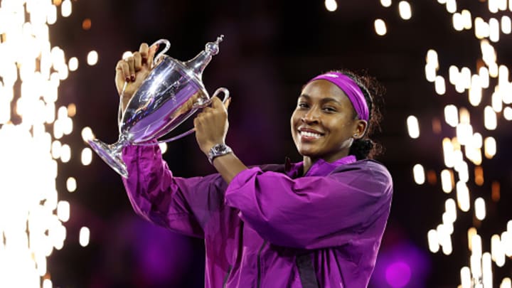 Coco Gauff holds the trophy after winning the 2024 WTA Finals. Coco Gauff holds the trophy after winning the 2024 WTA Finals.
