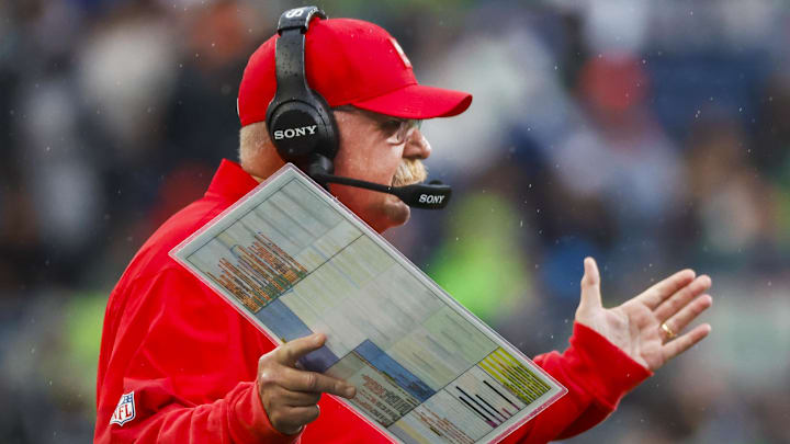 Aug 15, 2025; Seattle, Washington, USA; Kansas City Chiefs head coach Andy Reid reacts to a fourth down stop by the Seattle Seahawks during the first quarter at Lumen Field. Mandatory Credit: Joe Nicholson-Imagn Images