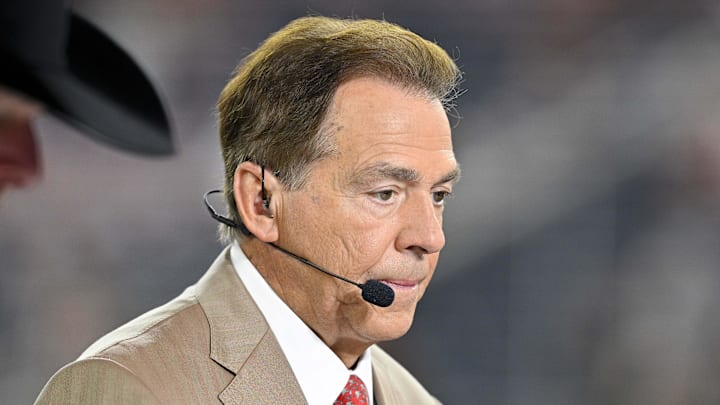 Jan 10, 2025; Arlington, TX, USA;  ESPN College Gameday analyst Nick Saban before the game between the Texas Longhorns and the Ohio State Buckeyes at AT&T Stadium. Mandatory Credit: Jerome Miron-Imagn Images