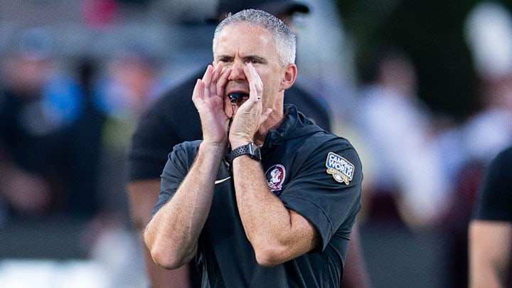 Florida State Seminoles head coach Mike Norvell leads warmups before the Seminoles take on the LSU Tigers on Sunday, Sept. 3, 2023 at Camping World Stadium. Florida State Seminoles head coach Mike Norvell leads warmups before the Seminoles take on the LSU Tigers on Sunday, Sept. 3, 2023 at Camping World Stadium.