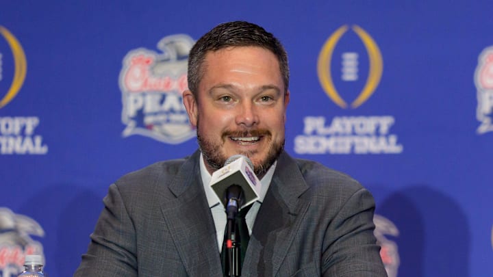 Oregon head coach Dan Lanning speaks during the head coaches’ press conference ahead of the Peach Bowl at the College Football Hall of Fame in Atlanta, Georgia, on Jan. 8, 2026.
