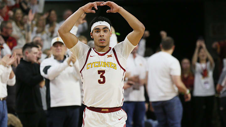 Iowa State Cyclones guard Tamin Lipsey (3) celebrates last second of the second half against Kansas Jayhawks in the Big-12 conference showdown of an NCAA college basketball at Hilton Coliseum on Saturday, Jan. 27, 2024, in Ames, Iowa. Iowa State Cyclones guard Tamin Lipsey (3) celebrates last second of the second half against Kansas Jayhawks in the Big-12 conference showdown of an NCAA college basketball at Hilton Coliseum on Saturday, Jan. 27, 2024, in Ames, Iowa.