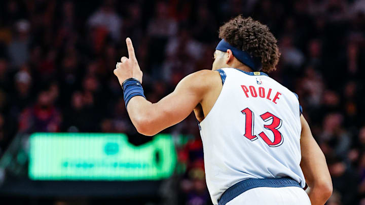 Jan 25, 2025; Phoenix, Arizona, USA; Washington Wizards guard Jordan Poole (13) celebrates after scoring a three point shot during the third quarter against the Phoenix Suns at Footprint Center. Mandatory Credit: Aryanna Frank-Imagn Images
