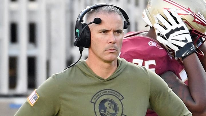 Nov 2, 2024; Tallahassee, Florida, USA; Florida State Seminoles head coach Mike Norvell looks on from the sideline after the North Carolina Tarheels score a final touchdown in the fourth quarter at Doak S. Campbell Stadium. Mandatory Credit: Robert Myers-Imagn Images