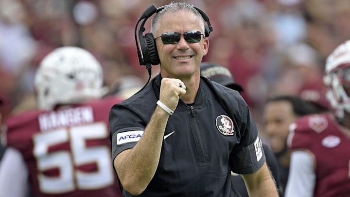 Sep 20, 2025; Tallahassee, Florida, USA; Florida State Seminoles head coach Mike Norvell reacts after a touchdown during the first half against the Kent State Golden Flashes at Doak S. Campbell Stadium. Mandatory Credit: Melina Myers-Imagn Images