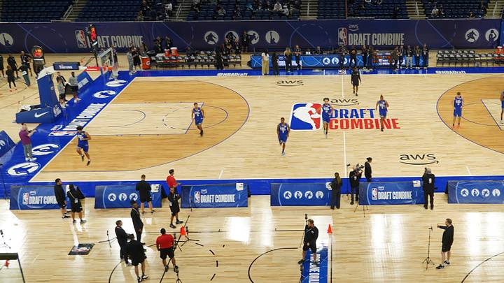 May 11, 2026; Chicago, IL, USA; Players participate in the 2026 NBA Draft Combine at Wintrust Arena. Mandatory Credit: David Banks-Imagn Images