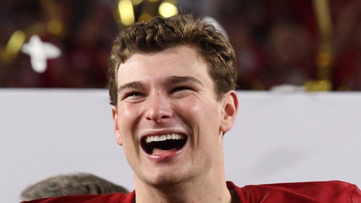 Jan 19, 2026; Miami Gardens, FL, USA; Indiana Hoosiers quarterback Fernando Mendoza (15) reacts after the College Football Playoff National Championship game against the Miami Hurricanes at Hard Rock Stadium. Mandatory Credit: Nathan Ray Seebeck-Imagn Images