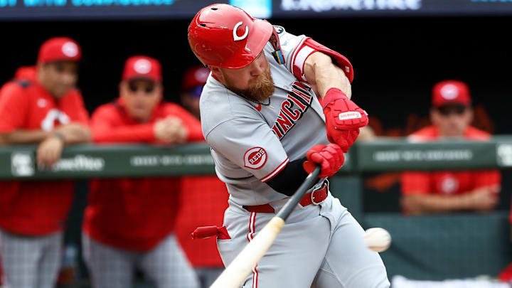 Cincinnati Reds outfielder Blake Dunn (59) hits an RBI single 