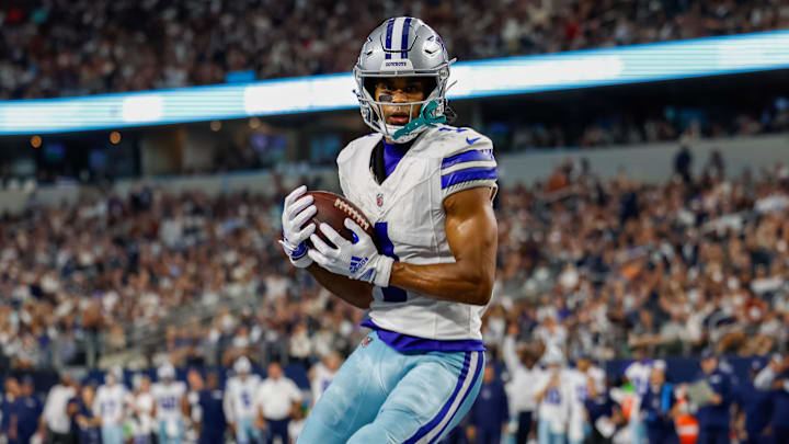 Sep 22, 2024; Arlington, Texas, USA; Dallas Cowboys wide receiver Jalen Tolbert (1) catches a touchdown pass during the fourth quarter against the Baltimore Ravens at AT&T Stadium. Mandatory Credit: Andrew Dieb-Imagn Images