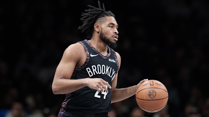 Jan 16, 2026; Brooklyn, New York, USA; Brooklyn Nets guard Cam Thomas (24) dribbles up court against the Chicago Bulls during the first quarter at Barclays Center. Mandatory Credit: Vincent Carchietta-Imagn Images