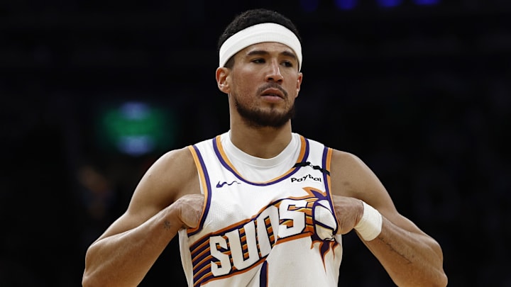 Apr 4, 2025; Boston, Massachusetts, USA; Phoenix Suns guard Devin Booker (1) during the second quarter against the Boston Celtics at TD Garden. Mandatory Credit: Winslow Townson-Imagn Images Apr 4, 2025; Boston, Massachusetts, USA; Phoenix Suns guard Devin Booker (1) during the second quarter against the Boston Celtics at TD Garden. Mandatory Credit: Winslow Townson-Imagn Images