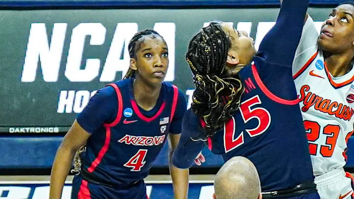 Mar 23, 2024; Storrs, Connecticut, USA; The Syracuse Orange and Arizona Wildcats tip-off to start the game at Harry A. Gampel Pavilion. Mandatory Credit: David Butler II-Imagn Images Mar 23, 2024; Storrs, Connecticut, USA; The Syracuse Orange and Arizona Wildcats tip-off to start the game at Harry A. Gampel Pavilion. Mandatory Credit: David Butler II-Imagn Images