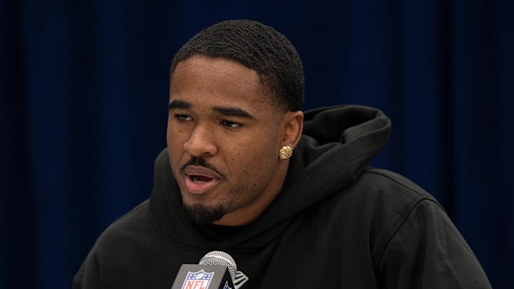 Feb 26, 2026; Indianapolis, IN, USA; Southern California defensive back Kamari Ramsey (DB45) speaks to members of the media during the NFL Combine at the Indiana Convention Center. Mandatory Credit: Jacob Musselman-Imagn Images
