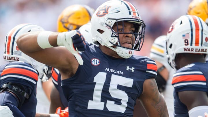 Auburn Tigers defensive lineman Keldric Faulk (15) celebrates a stop as Auburn Tigers take on California Golden Bears at Jordan-Hare Stadium in Auburn, Ala., on Saturday, Sept. 7, 2024.