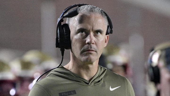 Nov 15, 2025; Tallahassee, Florida, USA; Florida State Seminoles head coach Mike Norvell during the second half against the Virginia Tech Hokies at Doak S. Campbell Stadium. Mandatory Credit: Melina Myers-Imagn Images