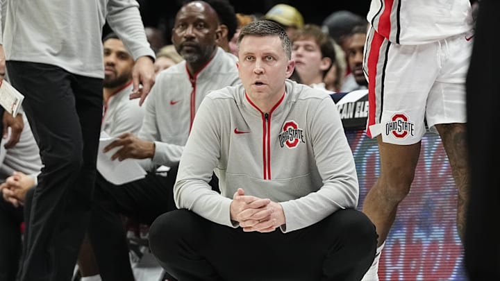 Ohio State Buckeyes head coach Jake Diebler watches during the first half of the NCAA men's basketball game against the Evansville Purple Aces at Value City Arena in Columbus on Tuesday, Nov. 19, 2024.