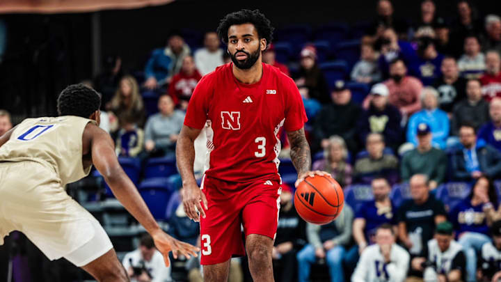 Nebraska guard Brice Williams dribbles the ball against Washington in Seattle on Feb. 6, 2025.