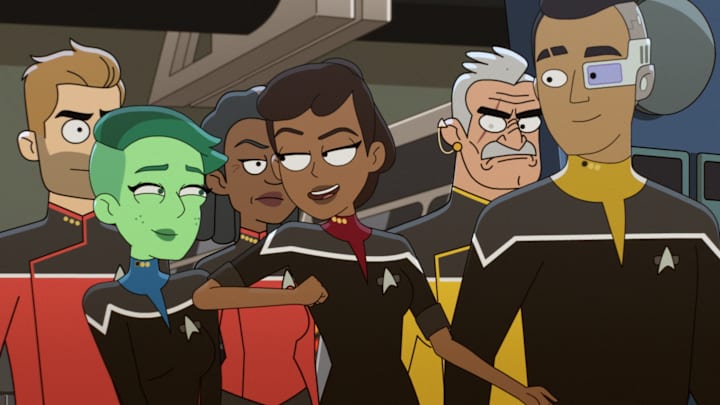 “Crisis Point 2: Paradoxus" - Ep#308--Jerry O'Conell as Commander Ransom, Noel Wells as Ensign Tendi, Dawnn Lewis as Captain Carol Freeman, Tawny Newsome as Ensign Beckett Mariner, Fred Tatasciore as Lieutenant Shaxs and Eugene Cordero as Ensign Rutherford in the Paramount+ series STAR TREK: LOWER DECKS. Photo: PARAMOUNT+ ©2022 CBS Interactive, Inc. All Rights Reserved **Best Possible Screen Grab**