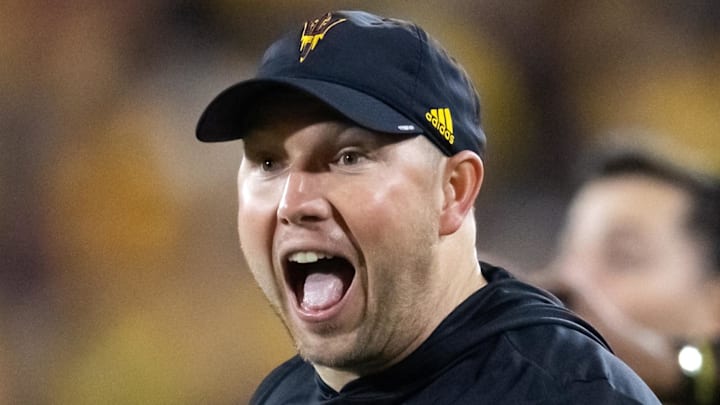 Nov 28, 2025; Tempe, Arizona, USA; Arizona State Sun Devils head coach Kenny Dillingham reacts against the Arizona Wildcats during the 99th Territorial Cup at Mountain America Stadium. Mandatory Credit: Mark J. Rebilas-Imagn Images Nov 28, 2025; Tempe, Arizona, USA; Arizona State Sun Devils head coach Kenny Dillingham reacts against the Arizona Wildcats during the 99th Territorial Cup at Mountain America Stadium. Mandatory Credit: Mark J. Rebilas-Imagn Images