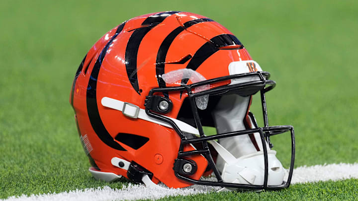 Nov 17, 2024; Inglewood, California, USA; A Cincinnati Bengals Riddell Speedflex helmet on the field at SoFi Stadium. Mandatory Credit: Kirby Lee-Imagn Images