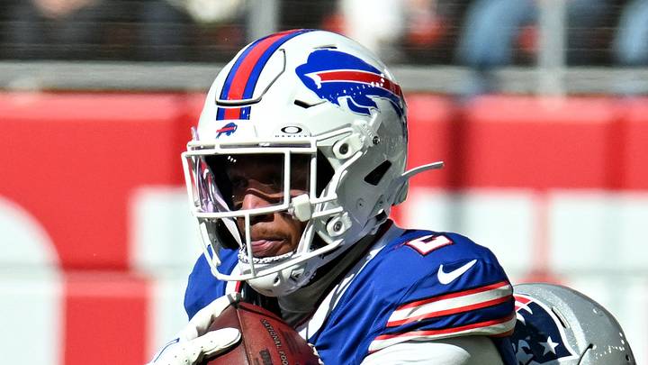 Oct 4, 2026; Orchard Park, New York, USA;  Buffalo Bills wide receiver DJ Moore #2 runs after making a catch during the first quarter against the New England Patriots at New Highmark Stadium.  Mandatory Credit: Mark Konezny-Imagn Images